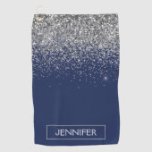Silver Navy Blue Glitter Girly Monogram Naam Golfhanddoek (Voorkant)
