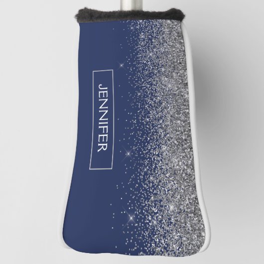 Silver Navy Blue Glitter Girly Monogram Naam Golfheadcover (Draai 90)