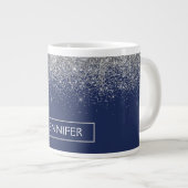 Silver Navy Blue Glitter Girly Monogram Naam Grote Koffiekop (Voorkant rechts)