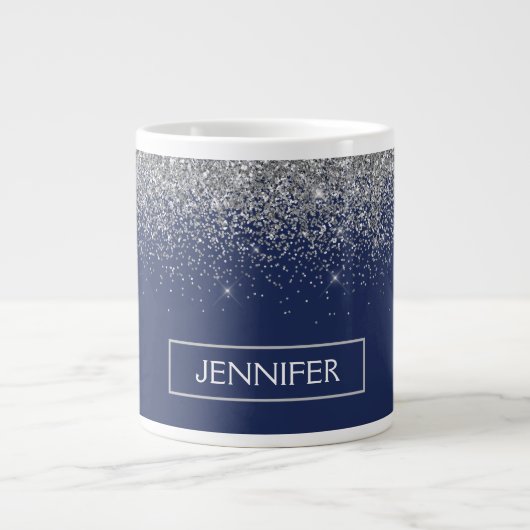Silver Navy Blue Glitter Girly Monogram Naam Grote Koffiekop (Voorkant)