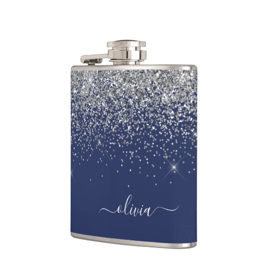 Silver Navy Blue Glitter Girly Monogram Naam Heupfles (Links)