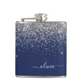 Silver Navy Blue Glitter Girly Monogram Naam Heupfles (Voorkant)