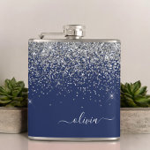 Silver Navy Blue Glitter Girly Monogram Naam Heupfles