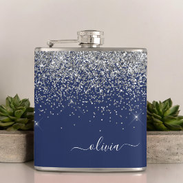 Silver Navy Blue Glitter Girly Monogram Naam Heupfles