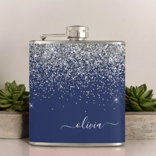 Silver Navy Blue Glitter Girly Monogram Naam Heupfles