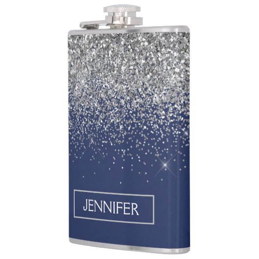 Silver Navy Blue Glitter Girly Monogram Naam Heupfles (Links)