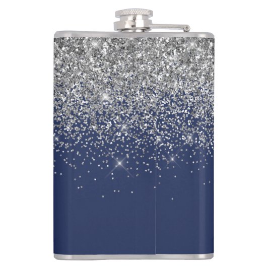 Silver Navy Blue Glitter Girly Monogram Naam Heupfles (Achterkant)