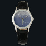 Silver Navy Blue Glitter Girly Monogram Naam Horloge<br><div class="desc">Navy Blue en Silver Sparkle Glitter Script Monogram Name Watch. Dit maakt het perfecte afstuderen,  de verjaardag,  de bruiloft,  het vrijgezellenfeest,  de verjaardag,  het baby shower of het bachelorette feest cadeau voor iemand die van glam luxe en chic stijlen houdt.</div>