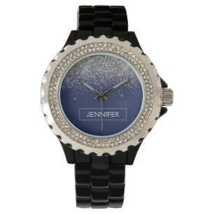 Silver Navy Blue Glitter Girly Monogram Naam Horloge