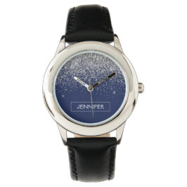 Silver Navy Blue Glitter Girly Monogram Naam Horloge