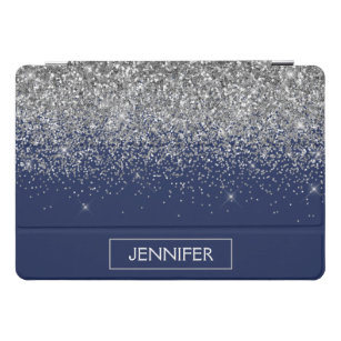 Silver Navy Blue Glitter Girly Monogram Naam iPad Pro Cover