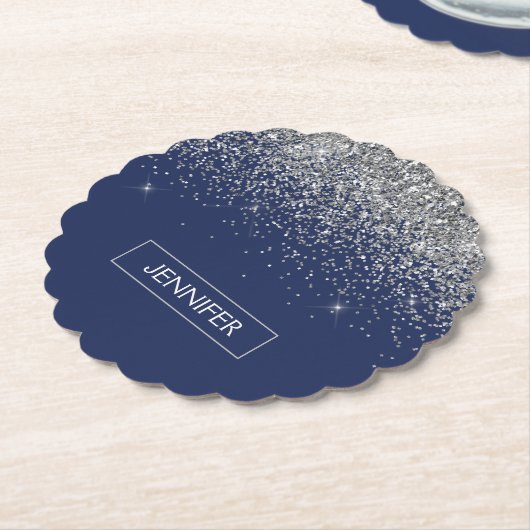 Silver Navy Blue Glitter Girly Monogram Naam Kartonnen Onderzetters (Gekanteld)