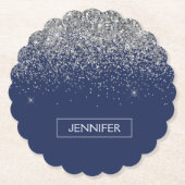 Silver Navy Blue Glitter Girly Monogram Naam Kartonnen Onderzetters (Voorkant)