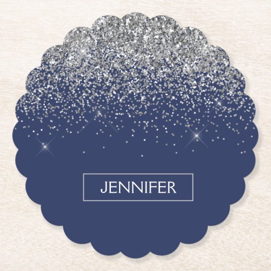 Silver Navy Blue Glitter Girly Monogram Naam Kartonnen Onderzetters (Voorkant)