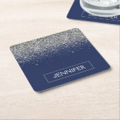 Silver Navy Blue Glitter Girly Monogram Naam Kartonnen Onderzetters (Schuin)