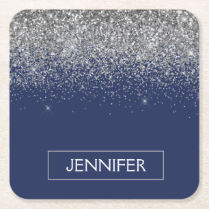 Silver Navy Blue Glitter Girly Monogram Naam Kartonnen Onderzetters