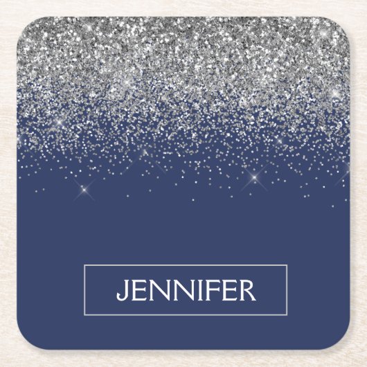 Silver Navy Blue Glitter Girly Monogram Naam Kartonnen Onderzetters (Voorkant)