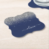 Silver Navy Blue Glitter Girly Monogram Naam Kartonnen Onderzetters (Gekanteld)