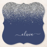 Silver Navy Blue Glitter Girly Monogram Naam Kartonnen Onderzetters<br><div class="desc">Navy Blue en Silver Sparkle Glitter Script Monogram Name Paper Onderzetters. Dit maakt het perfecte afstuderen,  de verjaardag,  de bruiloft,  het vrijgezellenfeest,  de verjaardag,  het baby shower of het bachelorette feest cadeau voor iemand die van glam luxe en chic stijlen houdt.</div>