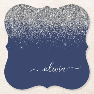 Silver Navy Blue Glitter Girly Monogram Naam Kartonnen Onderzetters