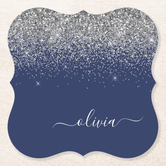 Silver Navy Blue Glitter Girly Monogram Naam Kartonnen Onderzetters (Voorkant)