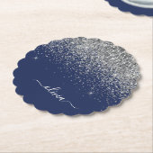 Silver Navy Blue Glitter Girly Monogram Naam Kartonnen Onderzetters (Gekanteld)