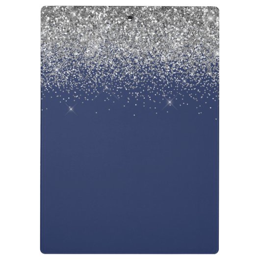 Silver Navy Blue Glitter Girly Monogram Naam Klembord (Achterkant)