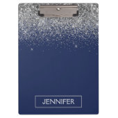 Silver Navy Blue Glitter Girly Monogram Naam Klembord (Voorkant)