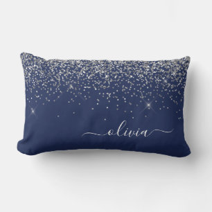 Silver Navy Blue Glitter Girly Monogram Naam Kussen