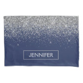 Silver Navy Blue Glitter Girly Monogram Naam Kussensloop (Voorkant)
