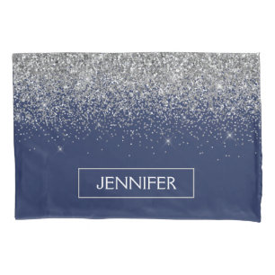 Silver Navy Blue Glitter Girly Monogram Naam Kussensloop