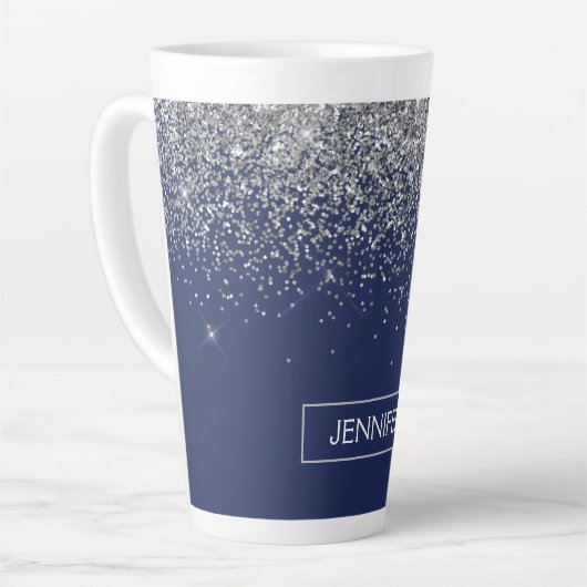 Silver Navy Blue Glitter Girly Monogram Naam Latte Mok (Linkerhoek)