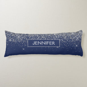 Silver Navy Blue Glitter Girly Monogram Naam Lichaamskussen