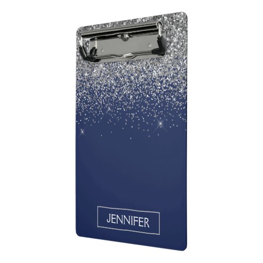 Silver Navy Blue Glitter Girly Monogram Naam Mini Klembord (Angled2)