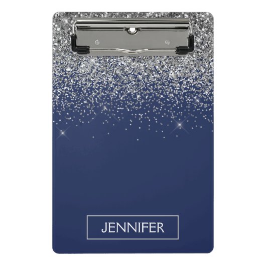 Silver Navy Blue Glitter Girly Monogram Naam Mini Klembord (Voorkant)