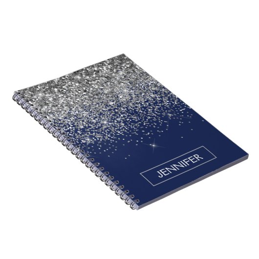 Silver Navy Blue Glitter Girly Monogram Naam Notitieboek (Rechterzijde)