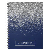 Silver Navy Blue Glitter Girly Monogram Naam Notitieboek (Voorkant)