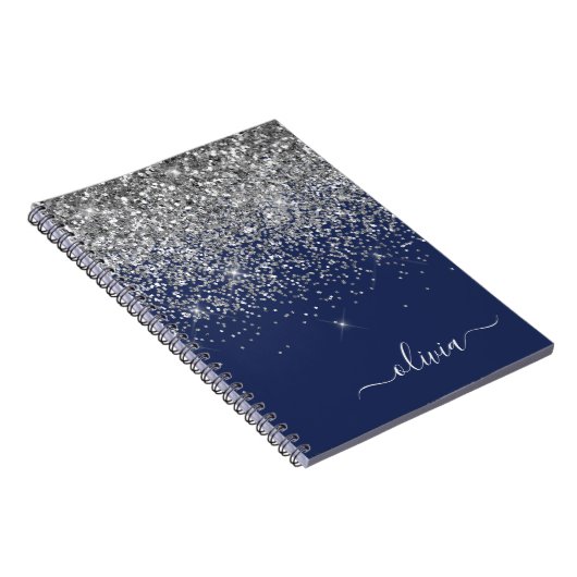 Silver Navy Blue Glitter Girly Monogram Naam Notitieboek (Rechterzijde)