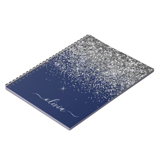 Silver Navy Blue Glitter Girly Monogram Naam Notitieboek (Linkerzijde)