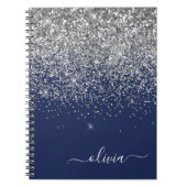 Silver Navy Blue Glitter Girly Monogram Naam Notitieboek (Voorkant)