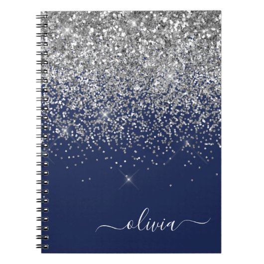 Silver Navy Blue Glitter Girly Monogram Naam Notitieboek (Voorkant)