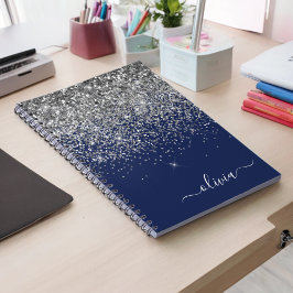 Silver Navy Blue Glitter Girly Monogram Naam Notitieboek