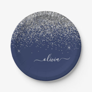 Silver Navy Blue Glitter Girly Monogram Naam Papieren Bordje