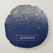 Silver Navy Blue Glitter Girly Monogram Naam Rond Kussen (Voorkant)