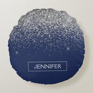 Silver Navy Blue Glitter Girly Monogram Naam Rond Kussen