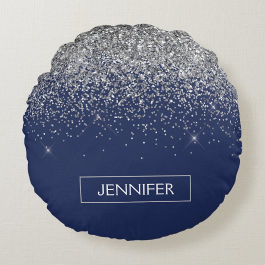 Silver Navy Blue Glitter Girly Monogram Naam Rond Kussen (Voorkant)