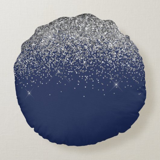 Silver Navy Blue Glitter Girly Monogram Naam Rond Kussen (Achterkant)