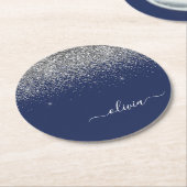 Silver Navy Blue Glitter Girly Monogram Naam Ronde Kartonnen Onderzetter (Gebogen)