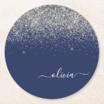 Silver Navy Blue Glitter Girly Monogram Naam Ronde Kartonnen Onderzetter<br><div class="desc">Navy Blue en Silver Sparkle Glitter Script Monogram Name Paper Onderzetters. Dit maakt het perfecte afstuderen,  de verjaardag,  de bruiloft,  het vrijgezellenfeest,  de verjaardag,  het baby shower of het bachelorette feest cadeau voor iemand die van glam luxe en chic stijlen houdt.</div>