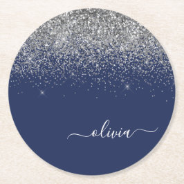 Silver Navy Blue Glitter Girly Monogram Naam Ronde Kartonnen Onderzetter